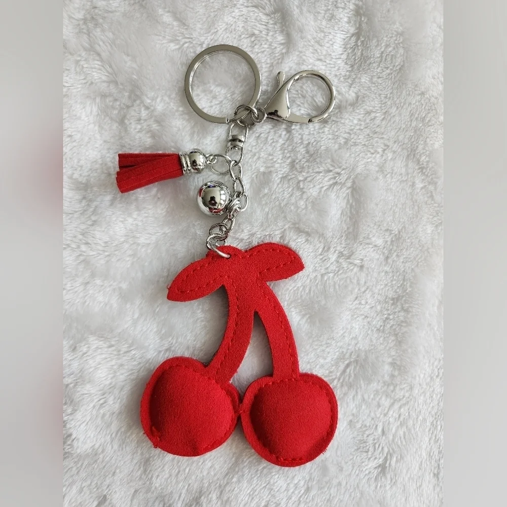 Red Cherry Rhinestone Keychain with Tassel Bag Purse